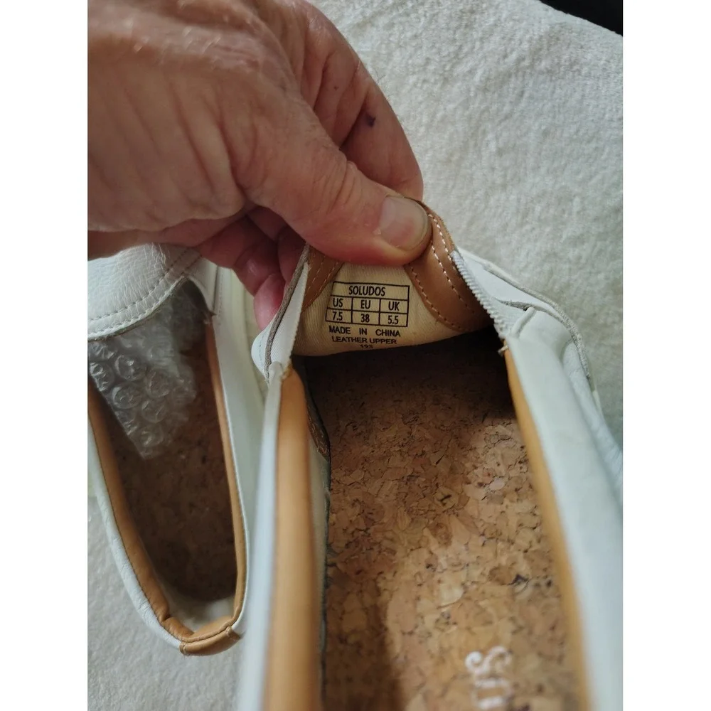 Soludos White Leather Slip On Sneakers Platform Loafers Whipstitch Tan Heel 7.5 - Picture 4 of 4
